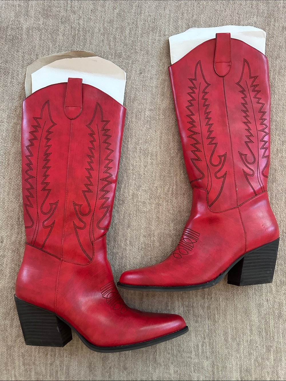 Mi.iM Red Western-Style Mid Heel Cowboy Boots